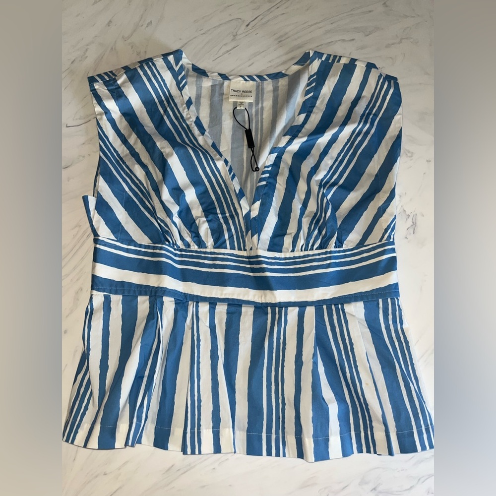 Tracy Reese x Anthropologie blue white stripe Blouse shirt tank top l new